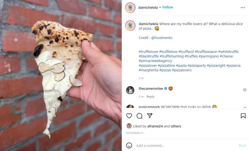 A slice of truffle white pie pizza in front of a brick wall. 